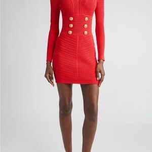 Balmain Red Long Sleeve Dress with Gold Buttons